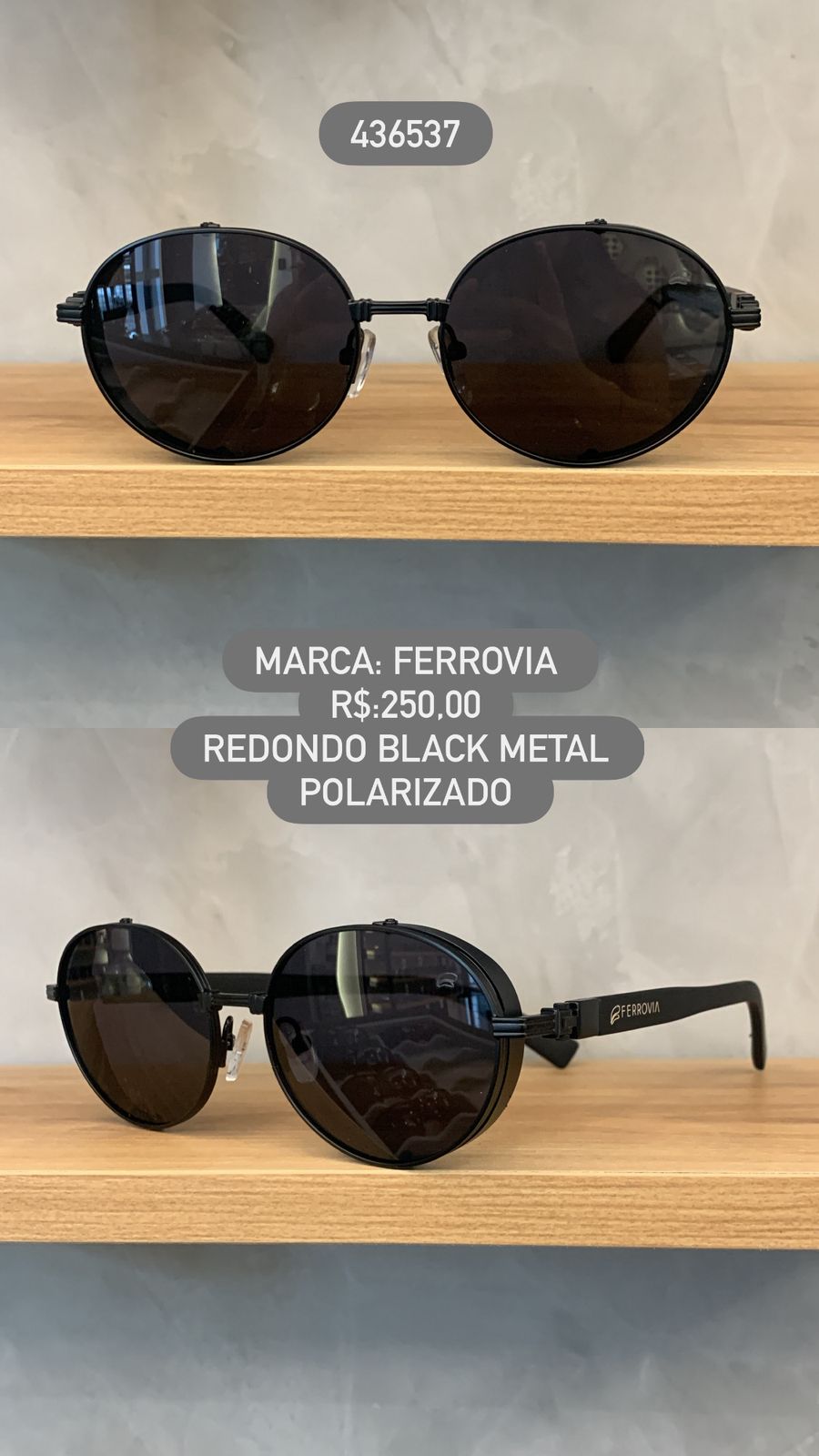 Óculos de Sol Ferrovia Black Redondo com Lente Preta polarizado em Metal e Acetato 436537