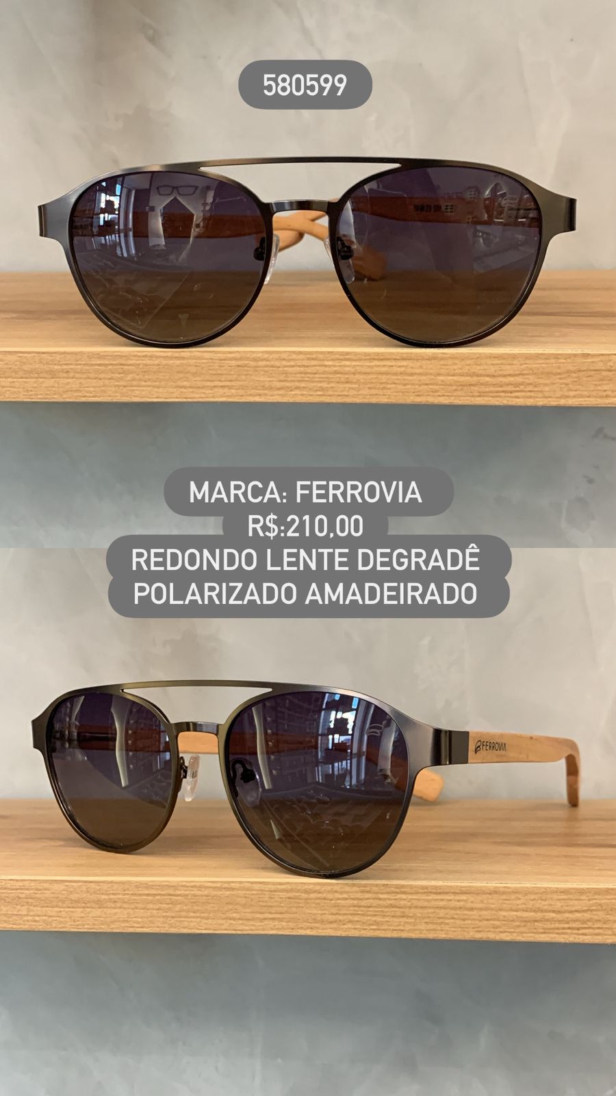 Óculos de Sol Ferrovia Bronze Redondo Lente Degradê com Perna Amadeirada Metal e Acetato Polarizado 580599