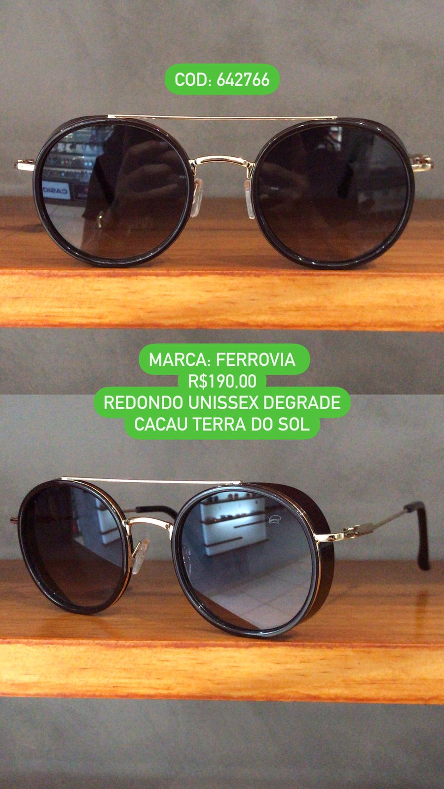 Óculos de Sol Ferrovia Cacau com Dourado Redondo Esmaltado Metal e Acetato Lente Degrade Ponte Alta Terra do Sol 642766