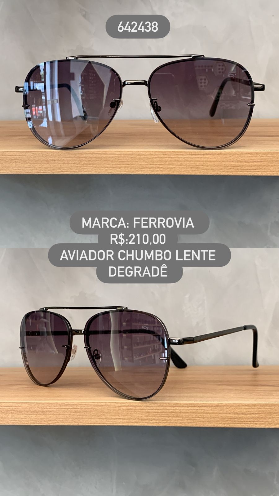 Óculos de Sol Ferrovia Chumbo Aviador com Ponte Alta Lente Degrade em Metal 642438