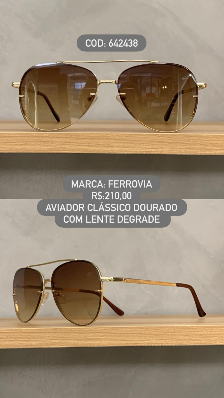 Óculos de Sol Ferrovia Dourado Aviador com Ponte Alta Lente Degrade Marrom Metal 642438