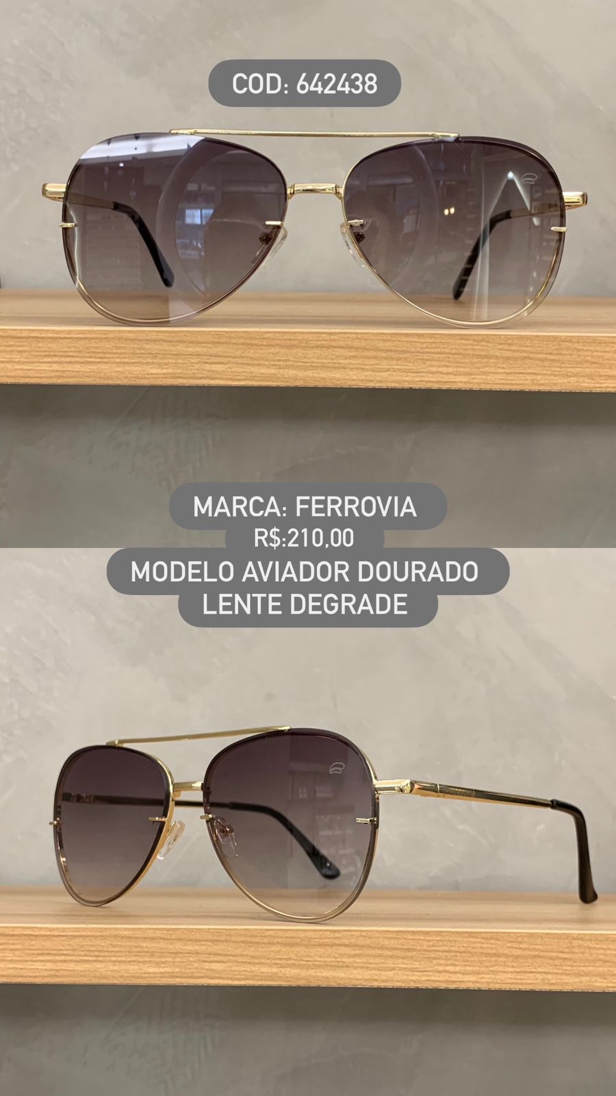 Óculos de Sol Ferrovia Dourado Aviador com Ponte Alta Lente Degrade Metal 642438