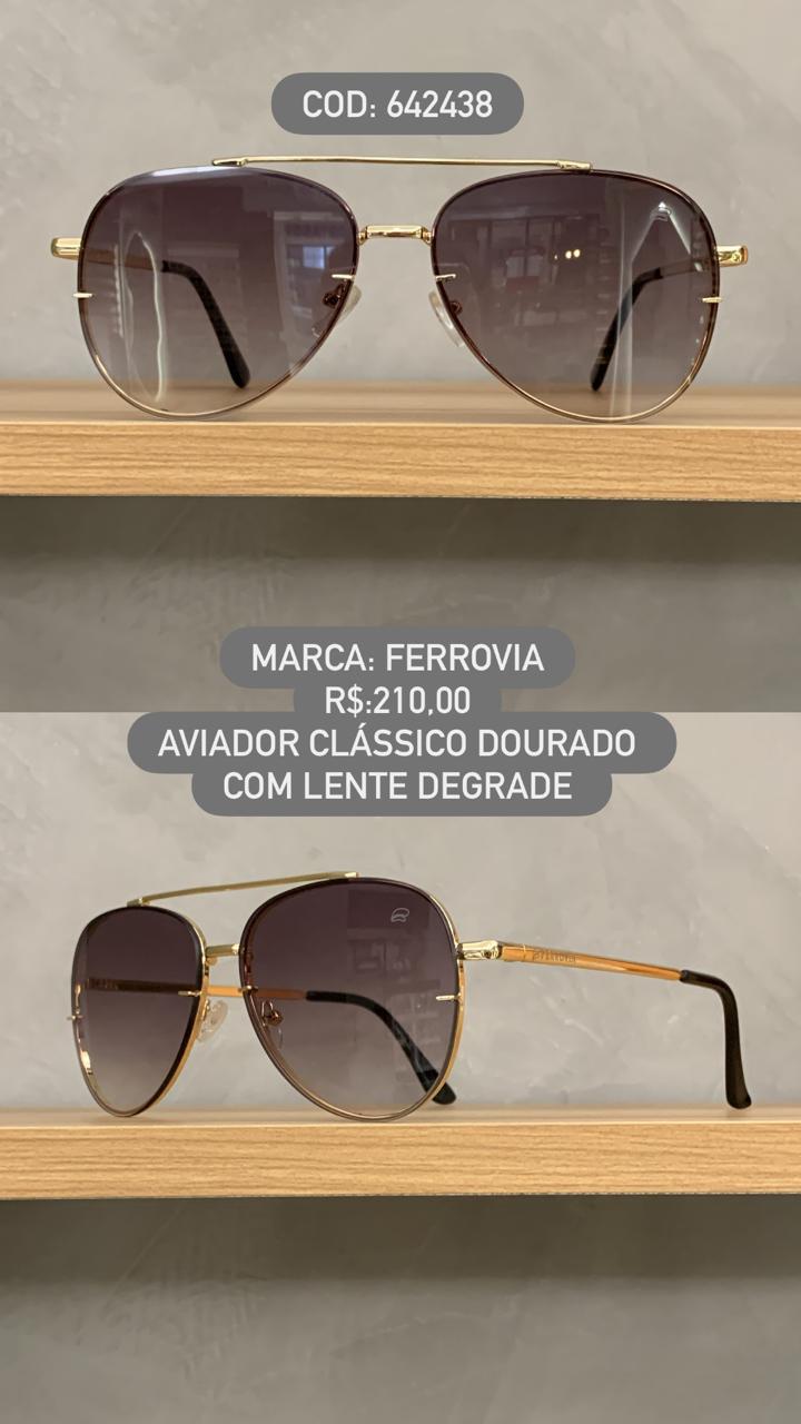 Óculos de Sol Ferrovia Dourado Aviador Metal com Ponte Alta e Lente Degrade 642438