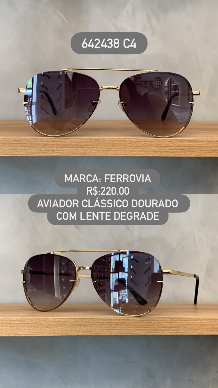 Óculos de Sol Ferrovia Dourado Aviador Metal com Ponte Alta e Lente Degrade 642438 C4