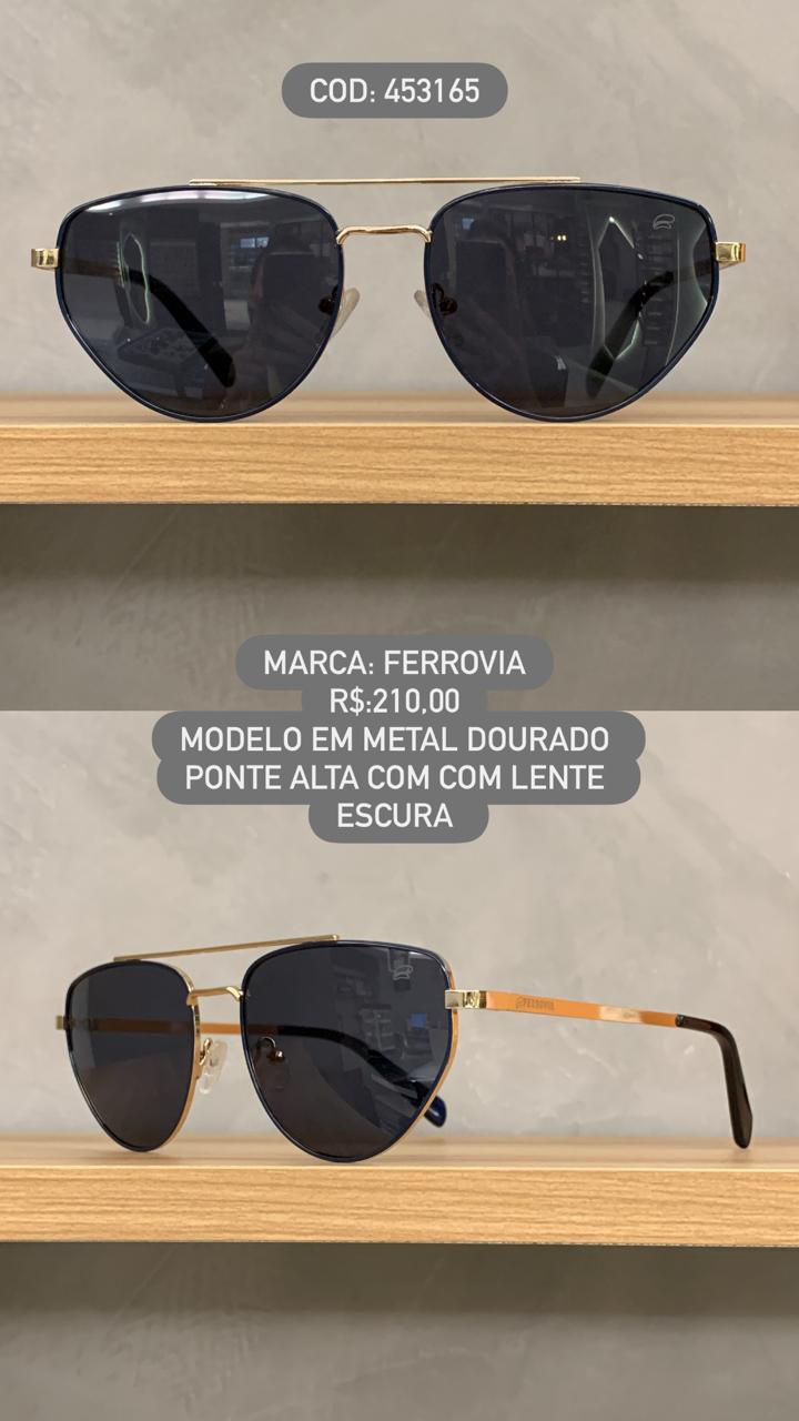 Óculos de Sol Ferrovia Dourado com  Ponte Alta Lente Escura em Metal 453165