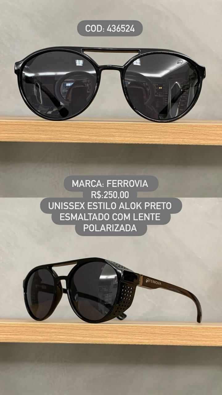 Óculos de Sol Ferrovia Estilo Alok Preto Esmaltado com Lente Polarizada em Acetato 436524