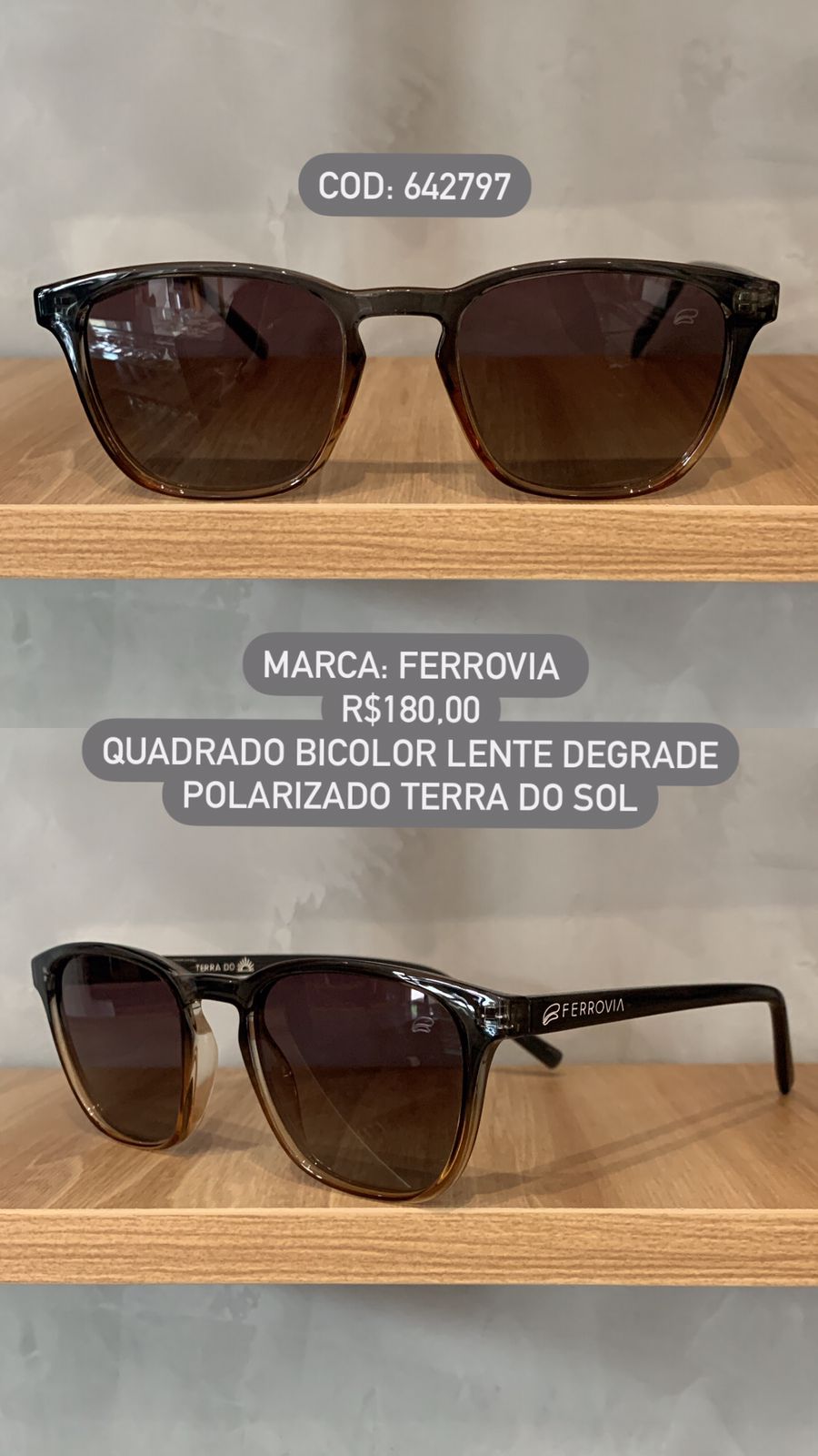 Óculos de Sol Ferrovia Feminino Bicolor Esmaltado Quadrado Lente Degrade Acetato Polarizado Terra do Sol 642797