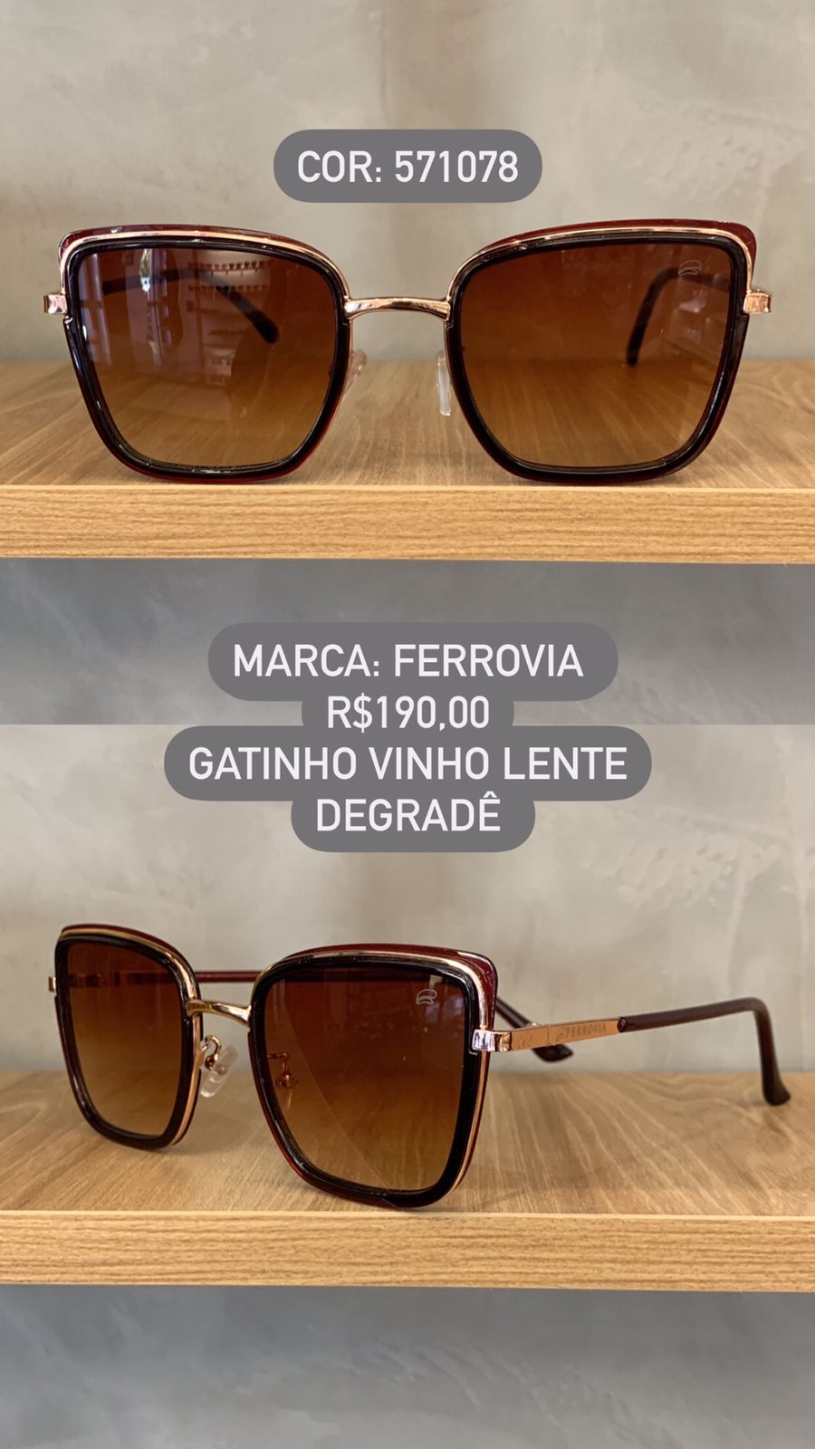 Óculos de Sol Ferrovia Feminino Cacau com Rose Esmaltado Gatinho Lente Degrade em Metal 571078