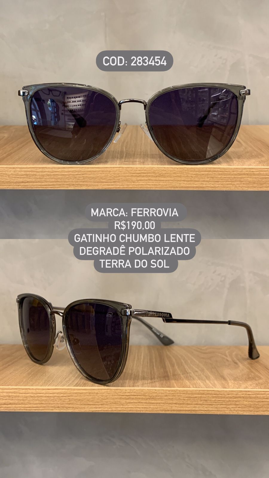 Óculos de Sol Ferrovia Feminino Chumbo Gatinho com Lente Degrade Polarizado Terra do Sol em Metal 283454