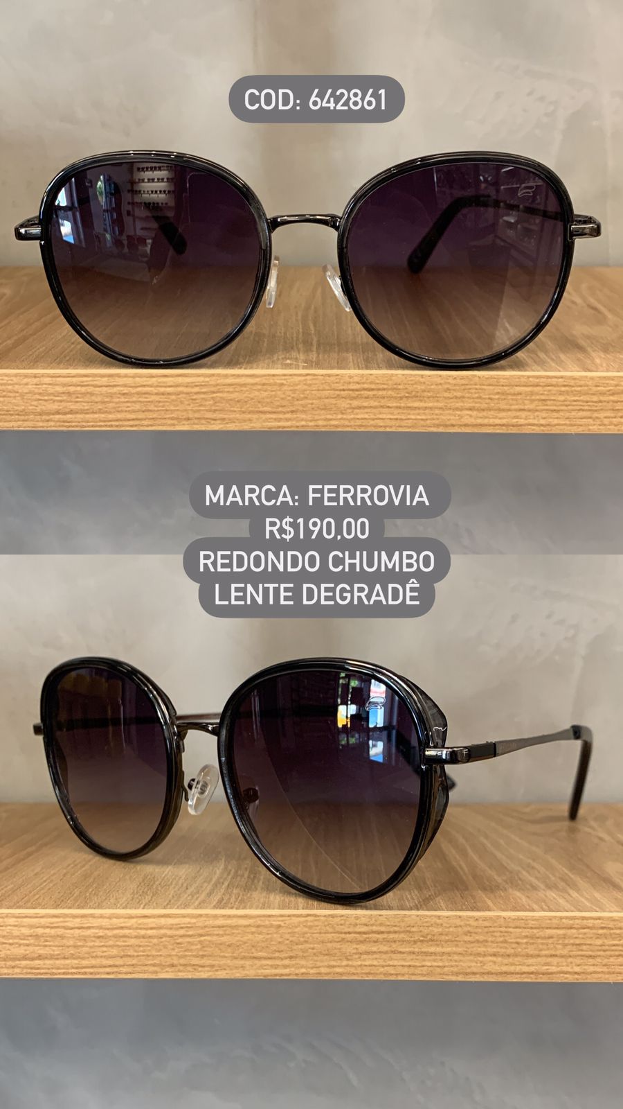 Óculos de Sol Ferrovia Feminino Chumbo Redondo com Lente Degrade em Metal 642861