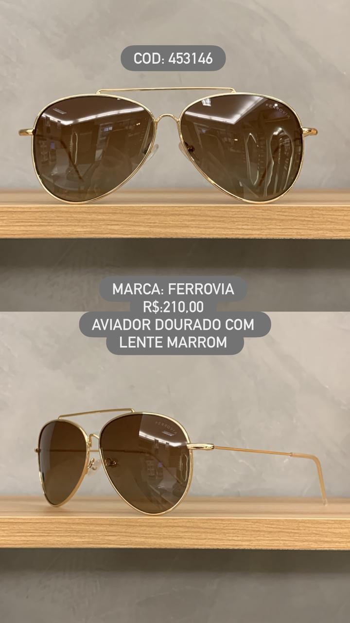 Óculos De Sol Ferrovia Feminino Dourado Aviador Lente Marrom com Ponte Alta em Metal 453146
