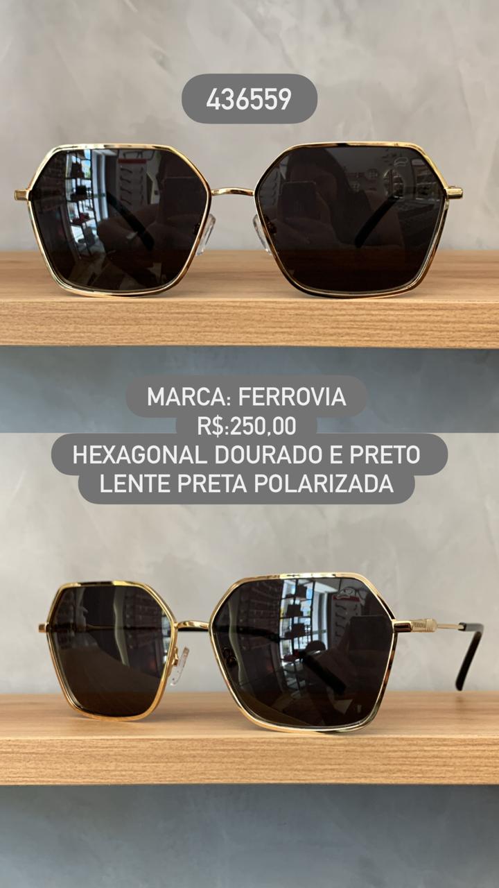 Óculos de Sol Ferrovia Feminino Dourado e Preto Hexagonal com Lente Preta Polarizada em Metal 436559