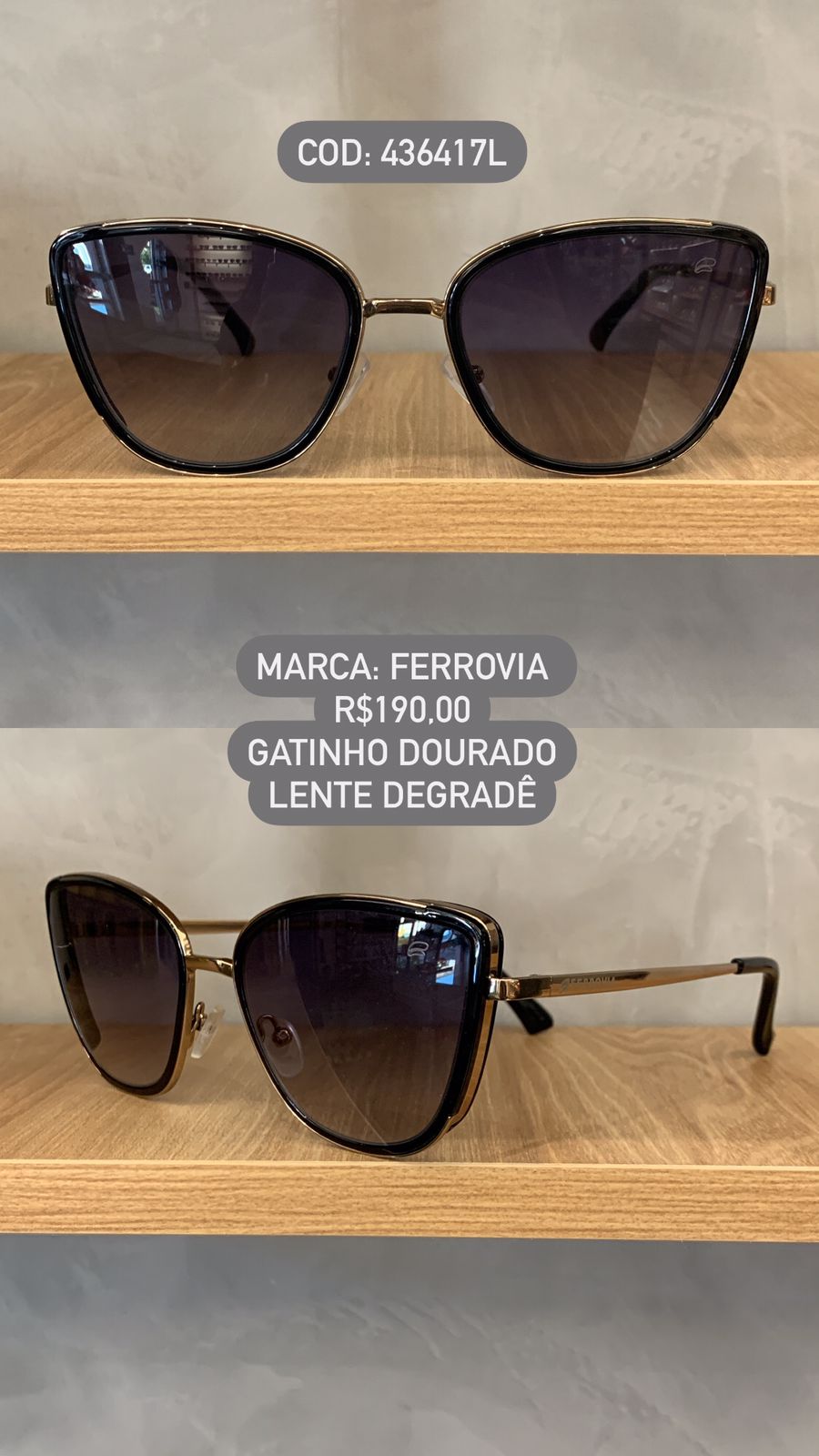 Óculos de Sol Ferrovia Feminino Dourado Gatinho com Lente Degrade em Metal 436417L