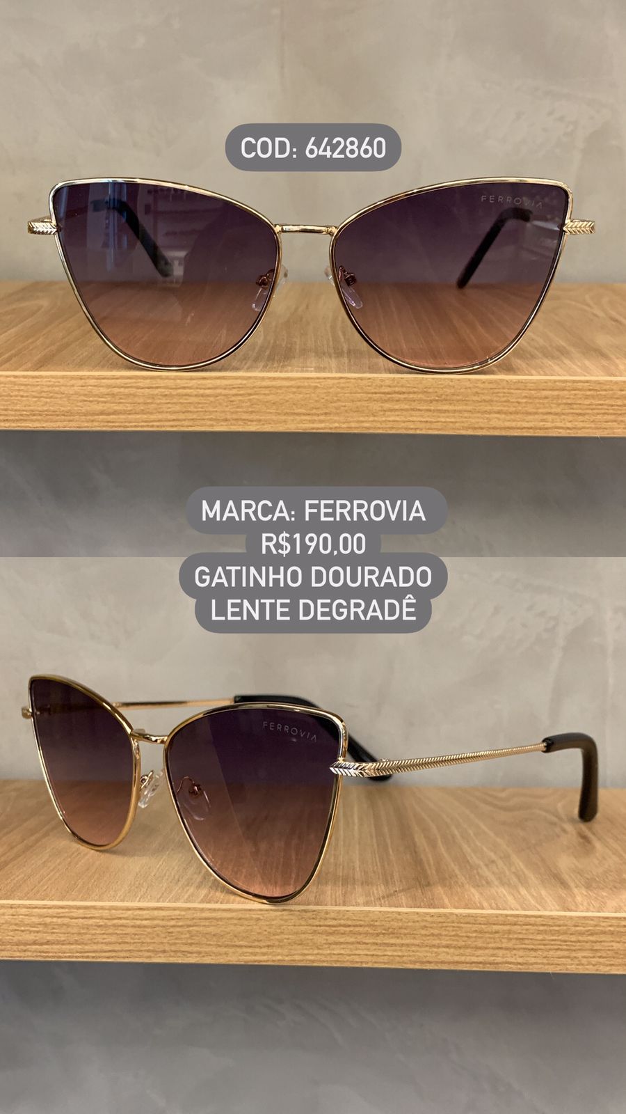 Óculos de Sol Ferrovia Feminino Dourado Gatinho com Lente Degrade em Metal 642860