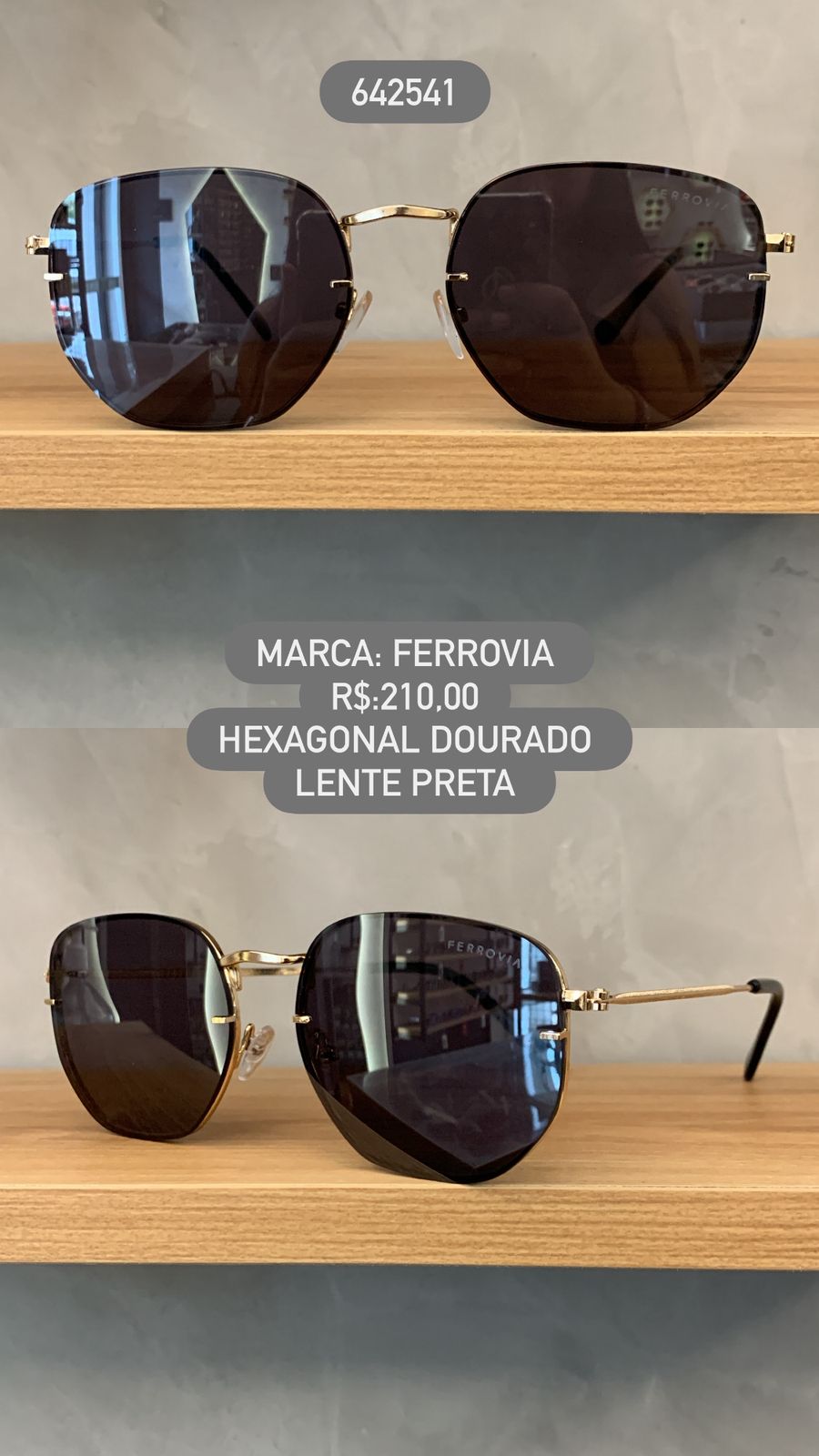 Óculos de Sol Ferrovia Dourado Hexagonal Lente Preta em Metal 642541