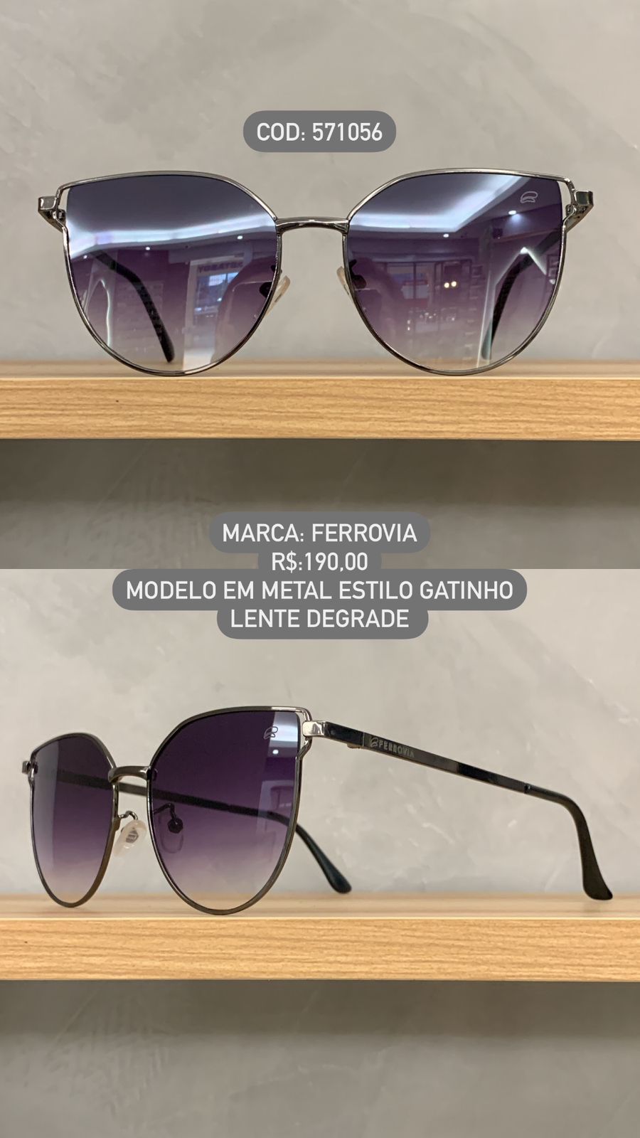 Óculos de Sol Ferrovia Feminino Estilo Gatinho com armação Chumbo em Metal Lente Degrade 571056