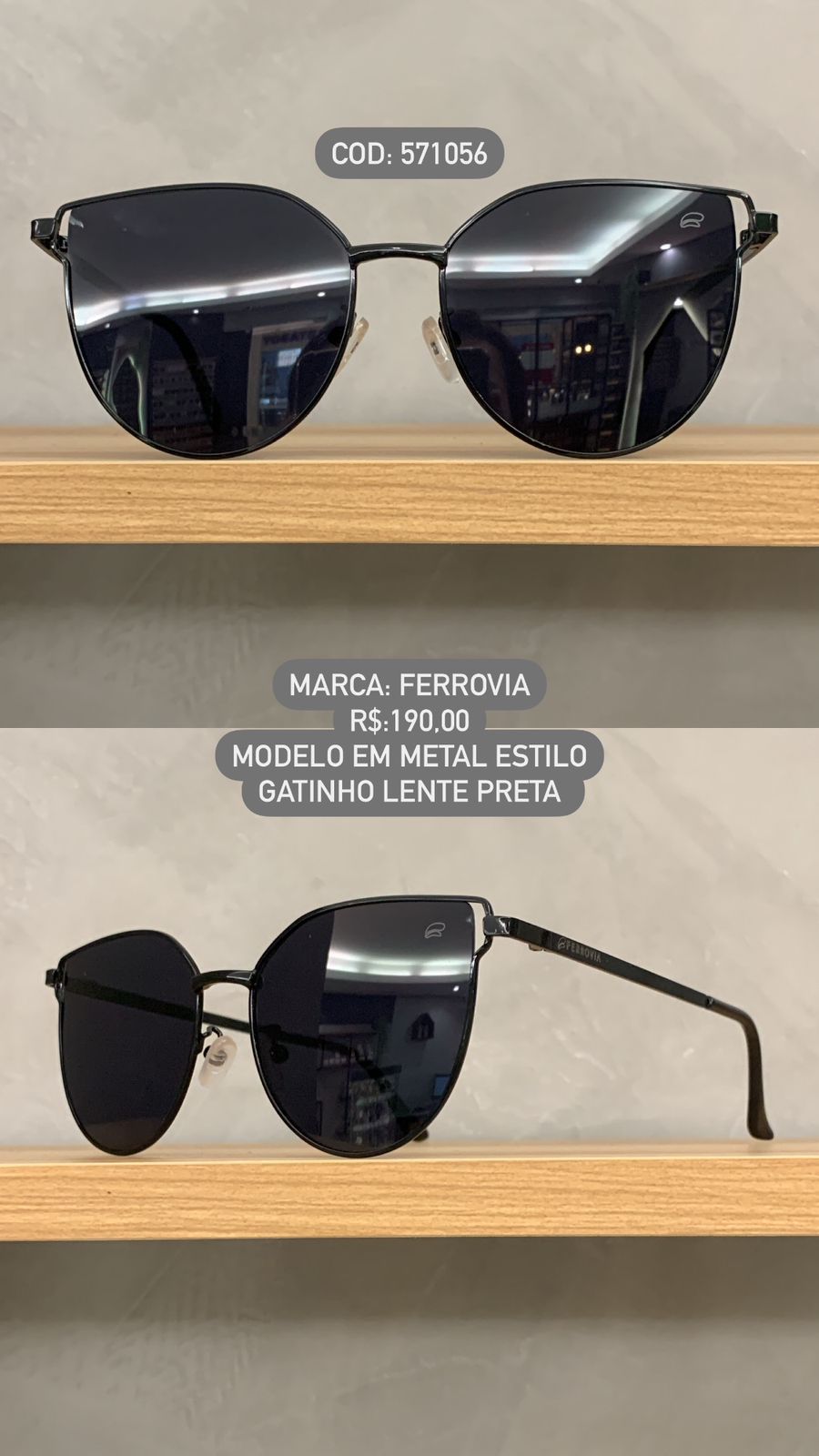 Óculos de Sol Ferrovia Feminino Estilo Gatinho em Metal Lente Preta 571056