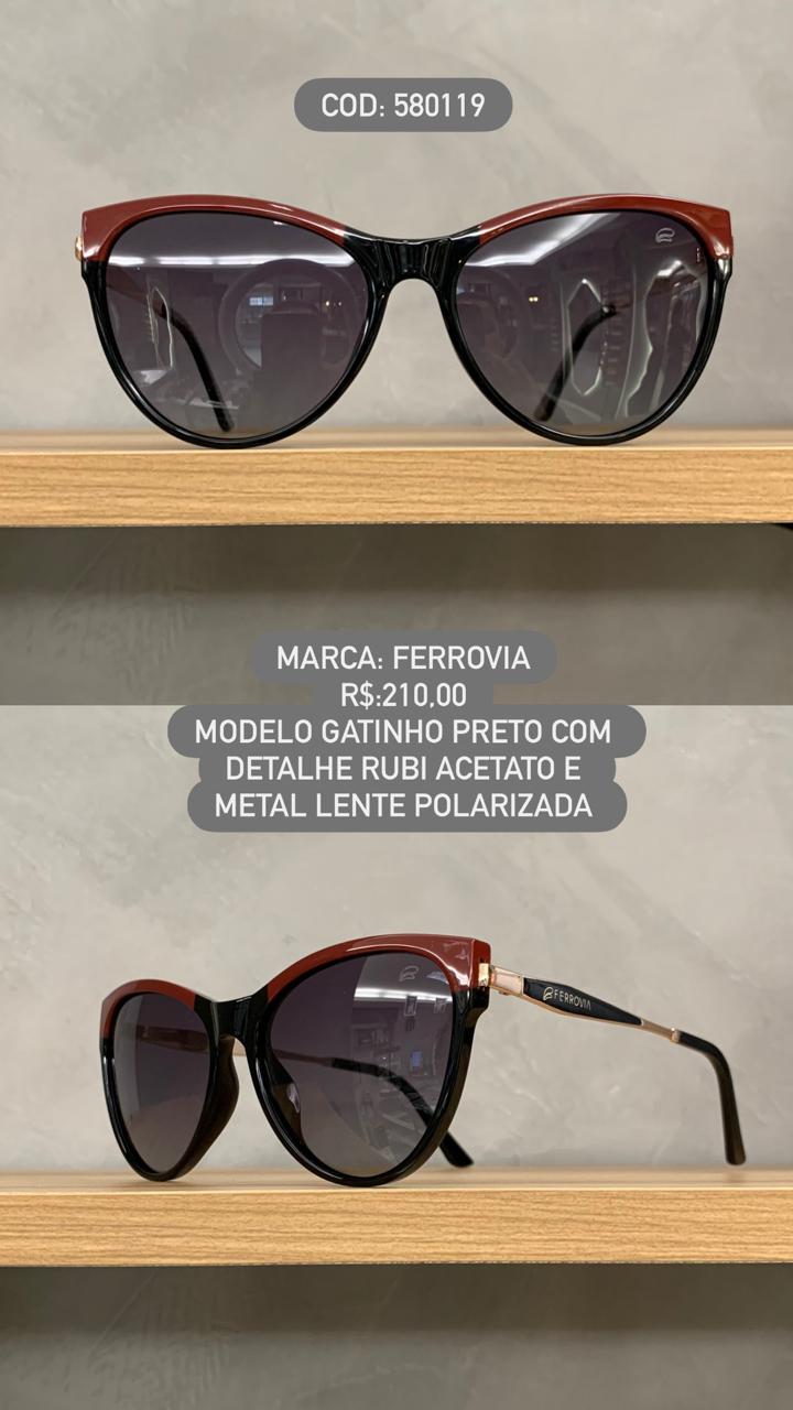 Óculos de Sol Ferrovia Feminino estilo Gatinho Preto Esmaltado detalhe Vermelho Acetato com Lente Degrade Polarizada 580119