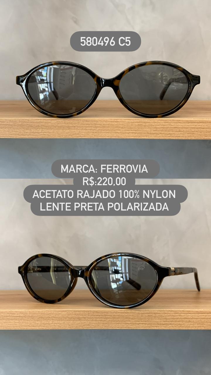 Óculos de Sol Ferrovia Feminino Fashion Rajado 100% Nylon com Lente Preta Polarizada em Acetato 580496 C5