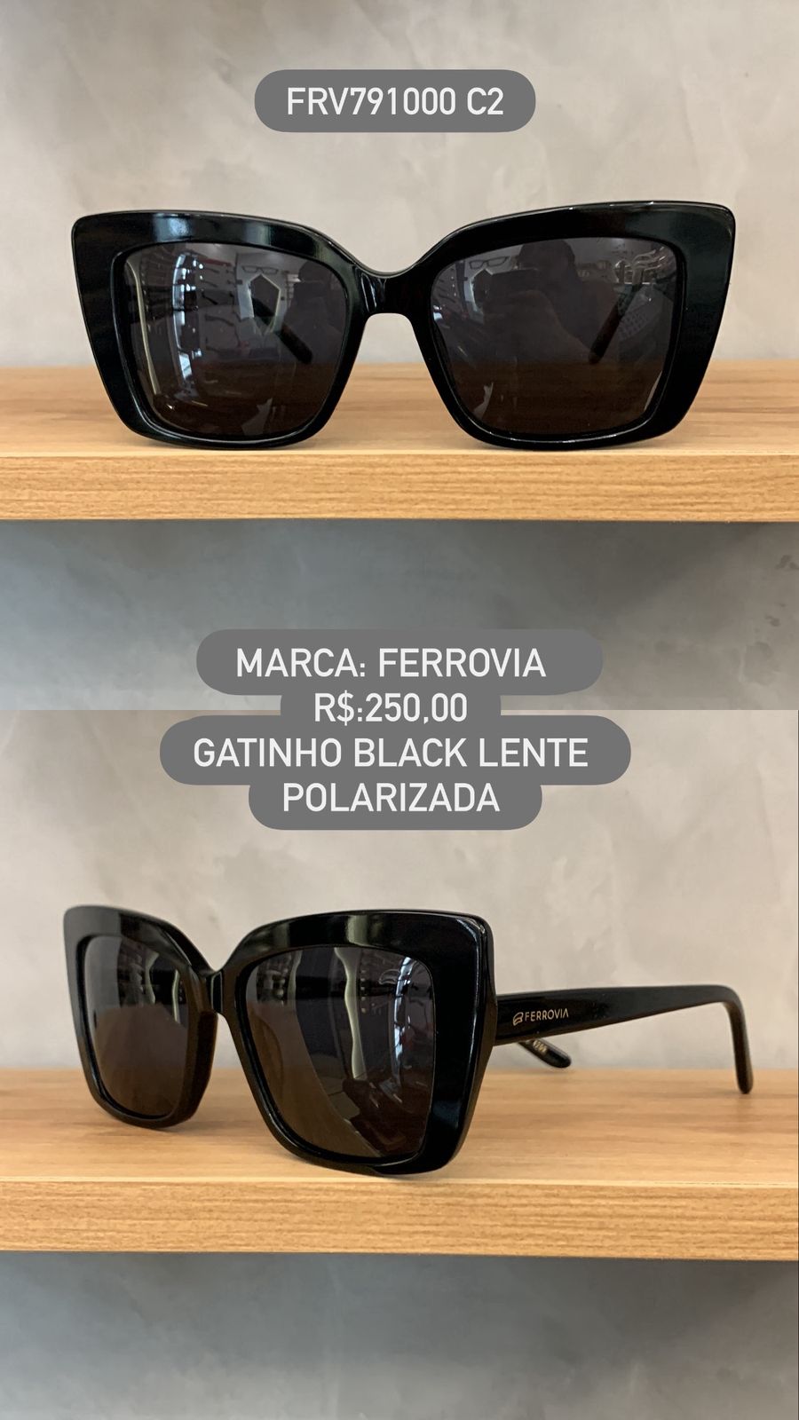 Óculos de Sol Ferrovia Feminino Gatinho Black em Acetato Polarizado FRV791000 C2