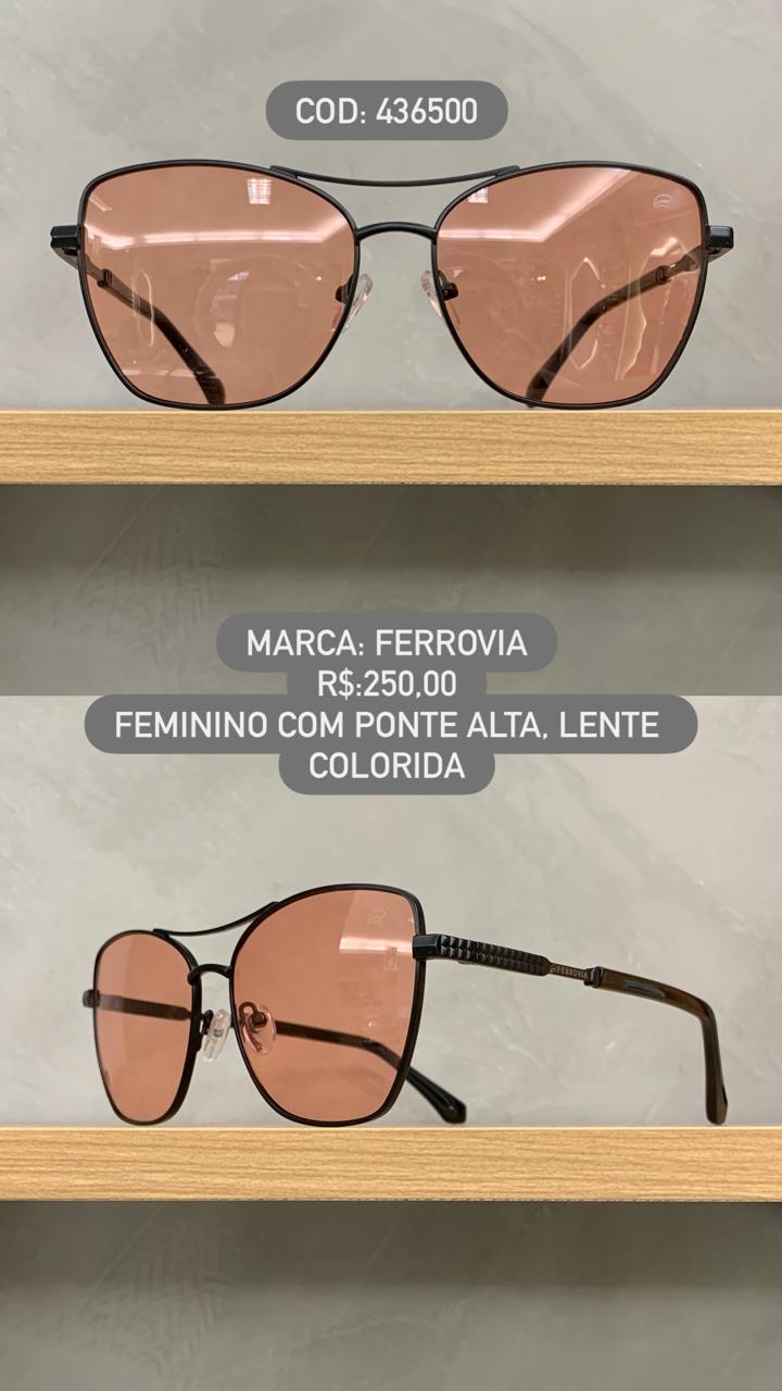 Óculos de Sol Ferrovia Feminino Gatinho Preto em Metal com Ponte Alta Lente Colorida 436500