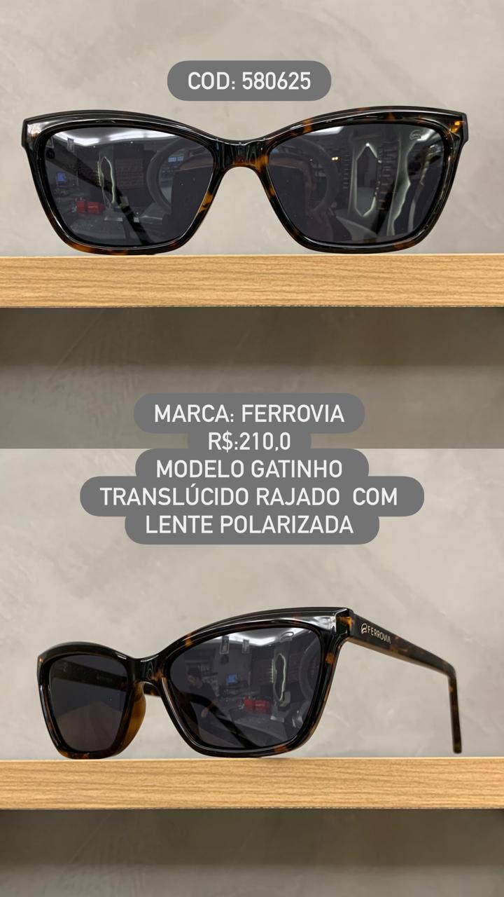 Óculos de Sol Ferrovia Feminino Gatinho Rajado Lente Preta Polarizada em Acetato 580625