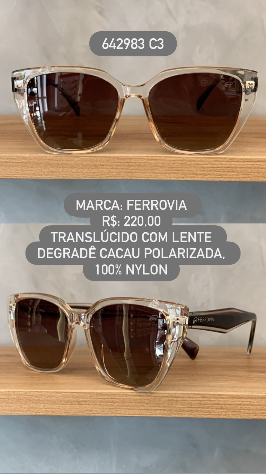 Óculos de Sol Ferrovia Feminino Gatinho Translúcido com Lente Degrade Cacau Polarizadas 100% Nylon em Acetato 642983 C3