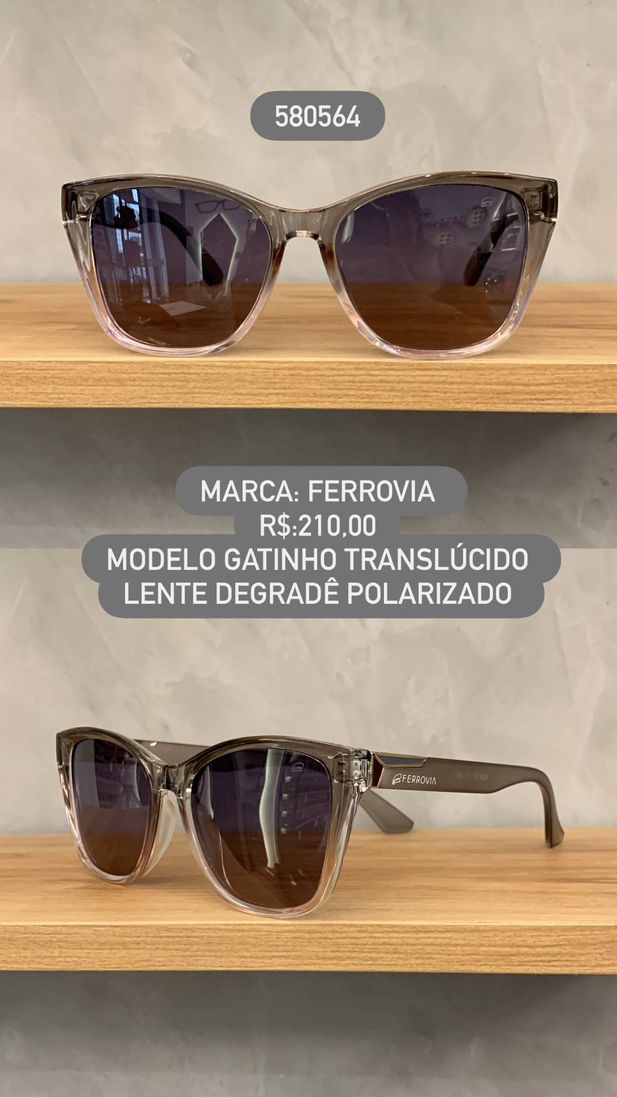 Óculos de Sol Ferrovia Feminino Gatinho Translúcido com Lente Degrade Polarizadas em Acetato 580564