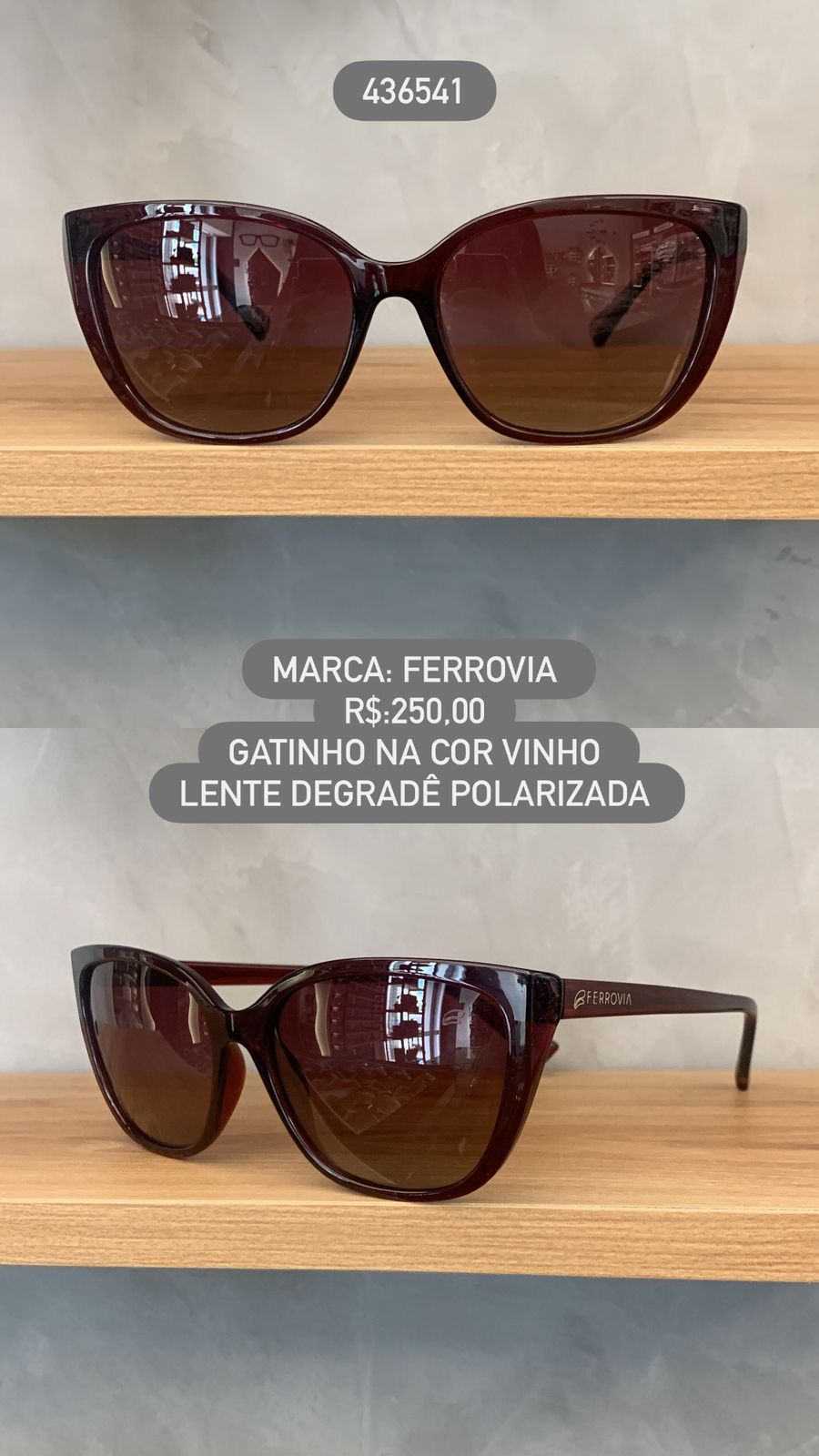 Óculos de Sol Ferrovia Feminino Gatinho Vinho Lente Degrade Polarizada em Acetato 436541