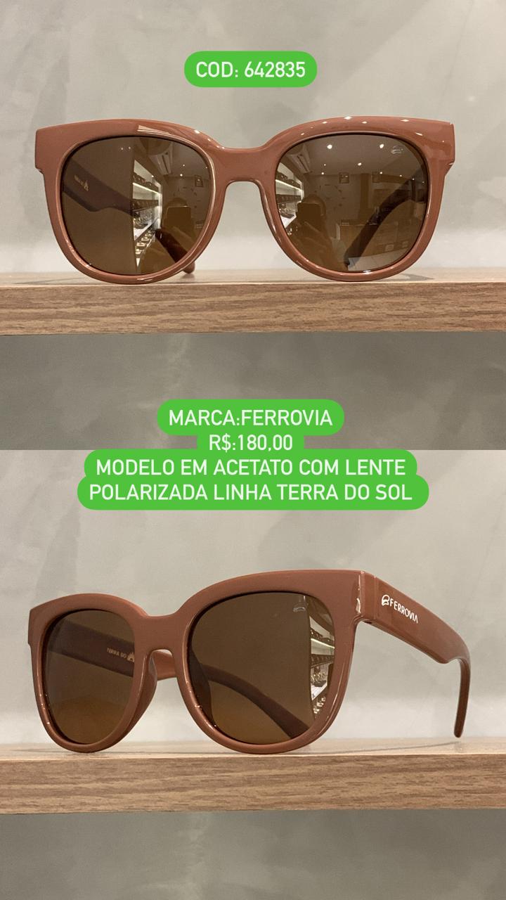 Óculos de Sol Ferrovia Feminino Marrom Esmaltado Quadrado Flexível Lente Cacau Polarizado Acetato Linha Terra do Sol  642835