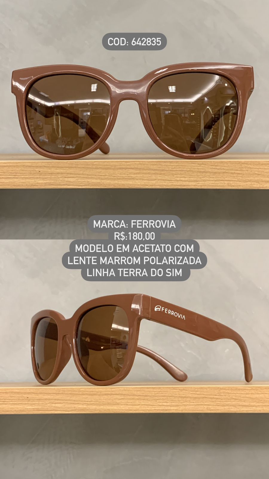 Óculos de Sol Ferrovia Feminino Marrom Esmaltado Quadrado Flexível Lente Cacau Polarizado Acetato Linha Terra do Sol  642835