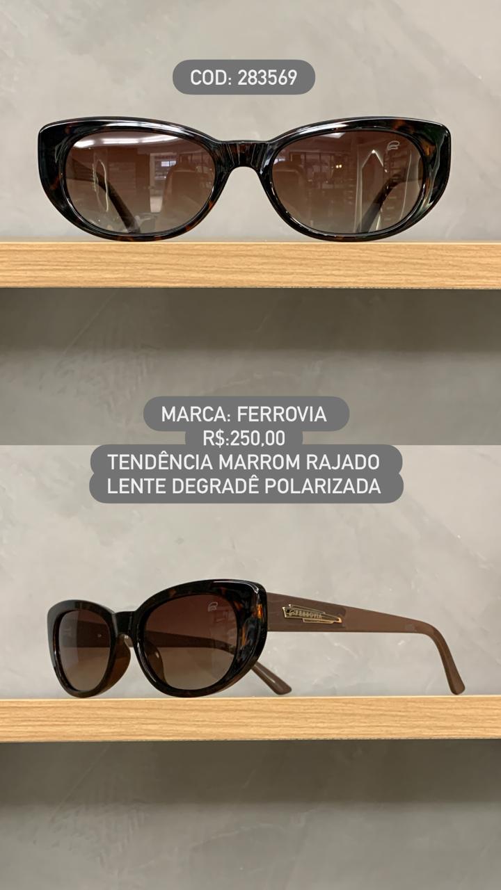 Óculos de Sol Ferrovia Feminino Marrom Rajado Esmaltado Tendência Lente Cacau Degrade Polarizada em Acetato 283569