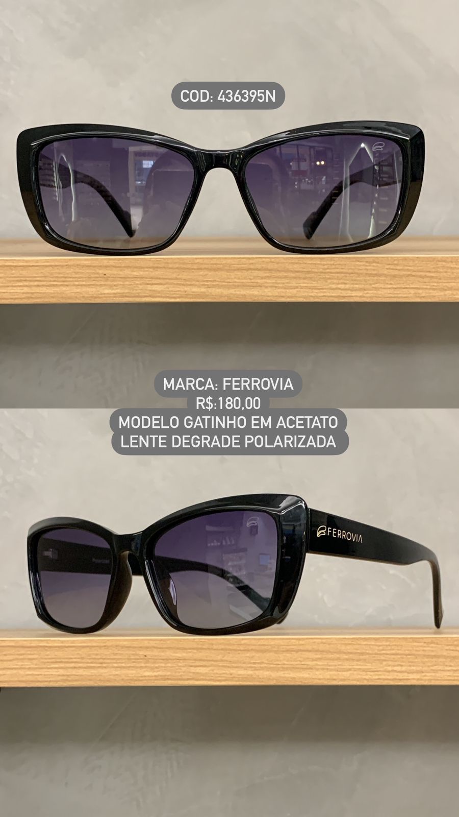 Óculos de Sol Ferrovia Feminino Preto Esmaltado Gatinho Lente Degrade Acetato Polarizado 436395N 