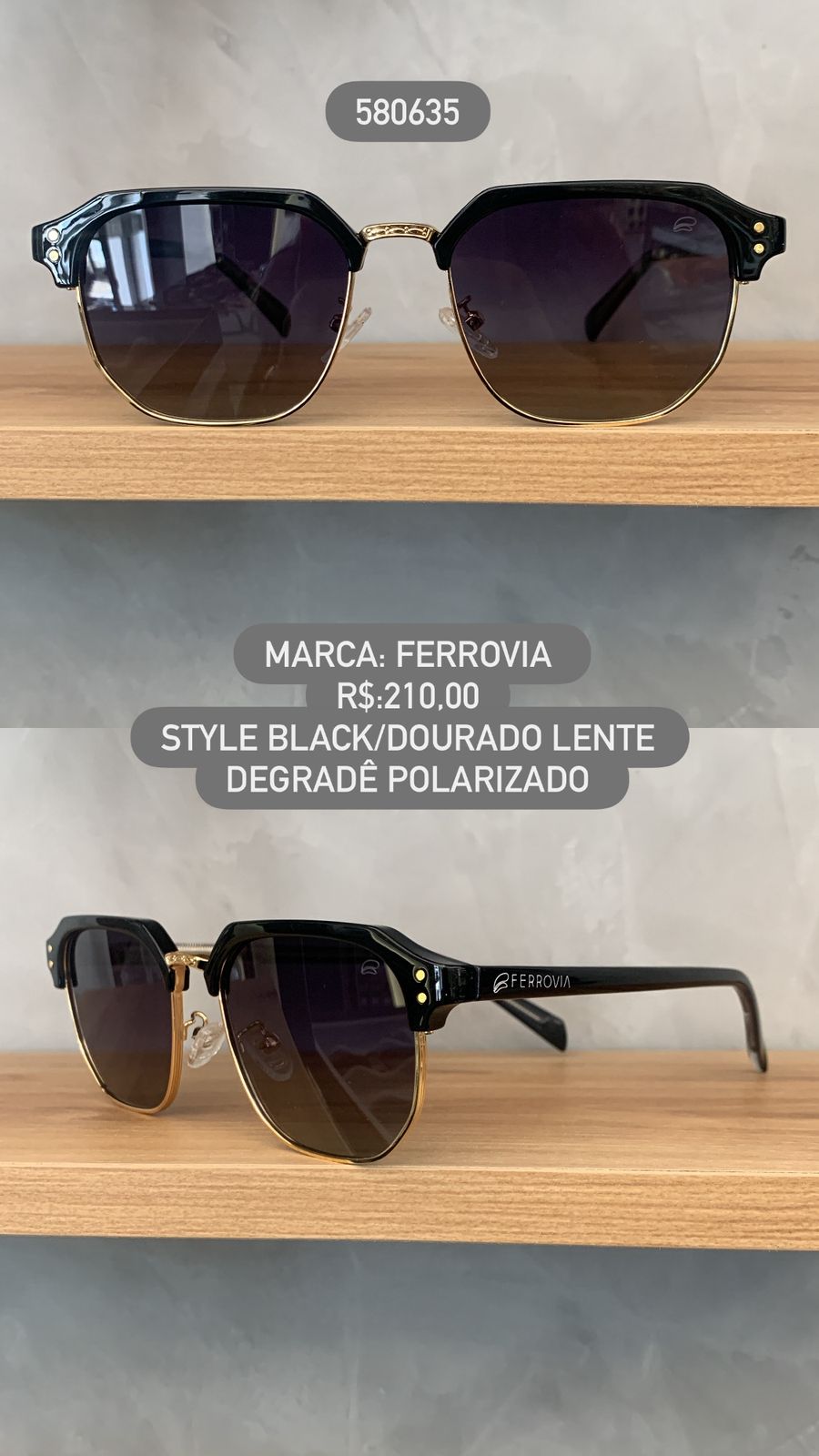 Óculos de Sol Ferrovia Feminino Preto e Dourado Style Lente Degradê Polarizado Acetato e Metal 580635