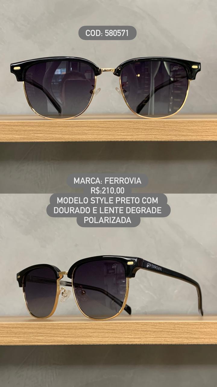 Óculos de Sol Ferrovia Feminino Preto Esmaltado com Dourado Metal e Acetato Lente Degrade Polarizada 580571