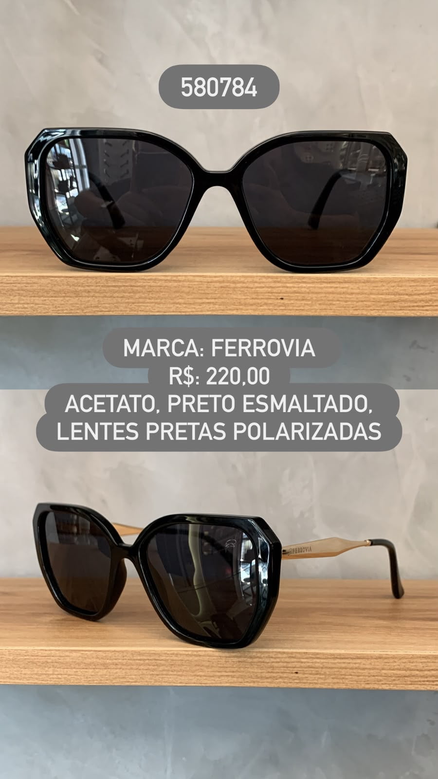 Óculos de Sol Ferrovia Feminino Preto Esmaltado com Lente Preta Polarizadas em Acetato 580784