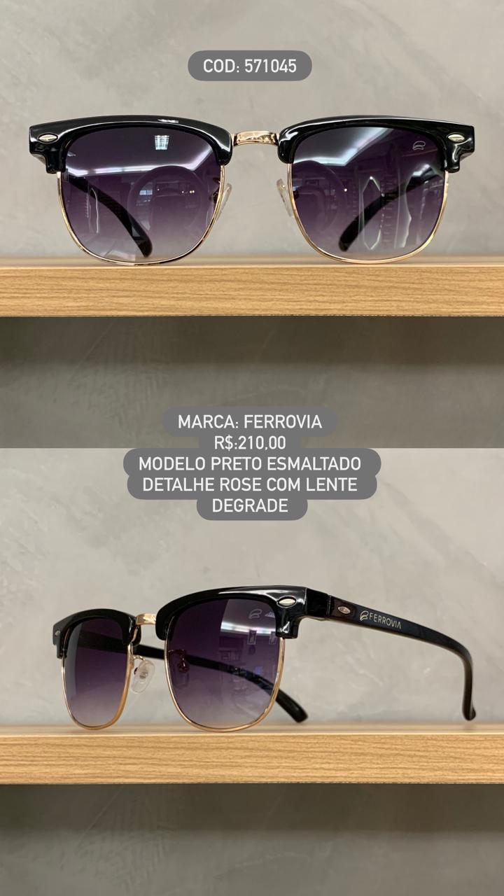 Óculos de Sol Ferrovia Feminino Preto Esmaltado detalhes no Rosé Redondo Metal e Acetato Lente Degrade 571045
