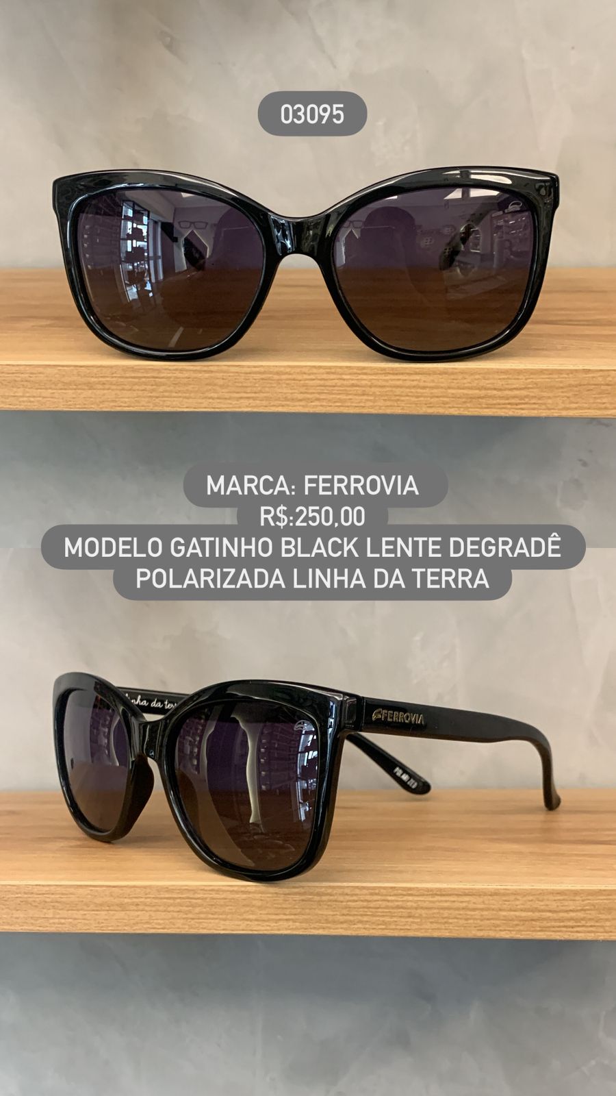 Óculos de Sol Ferrovia Feminino Preto Esmaltado Gatinho com Lente Degrade Polarizado Linha da Terra Feito á Mão 03095