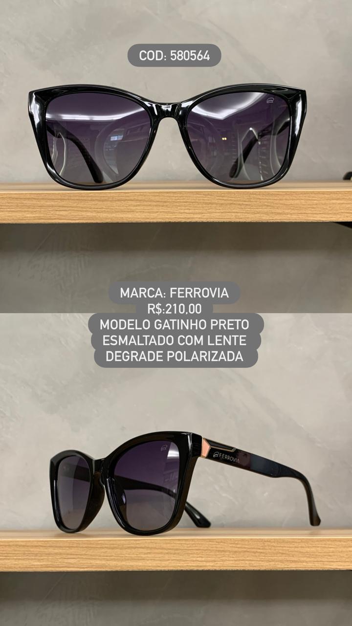 Óculos de Sol Ferrovia Feminino Preto Esmaltado Gatinho com Lente Preta Degrade Polarizadas em Acetato 580564