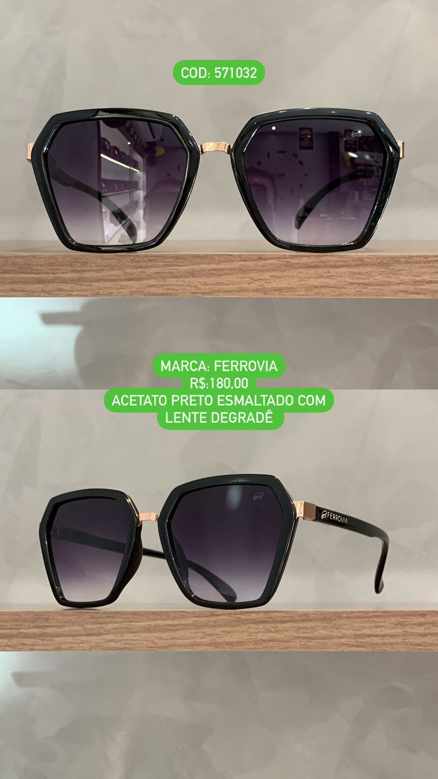 Óculos de Sol Ferrovia Feminino Preto Esmaltado Hexagonal com Detalhes Rose Lente Degrade Acetato 571032