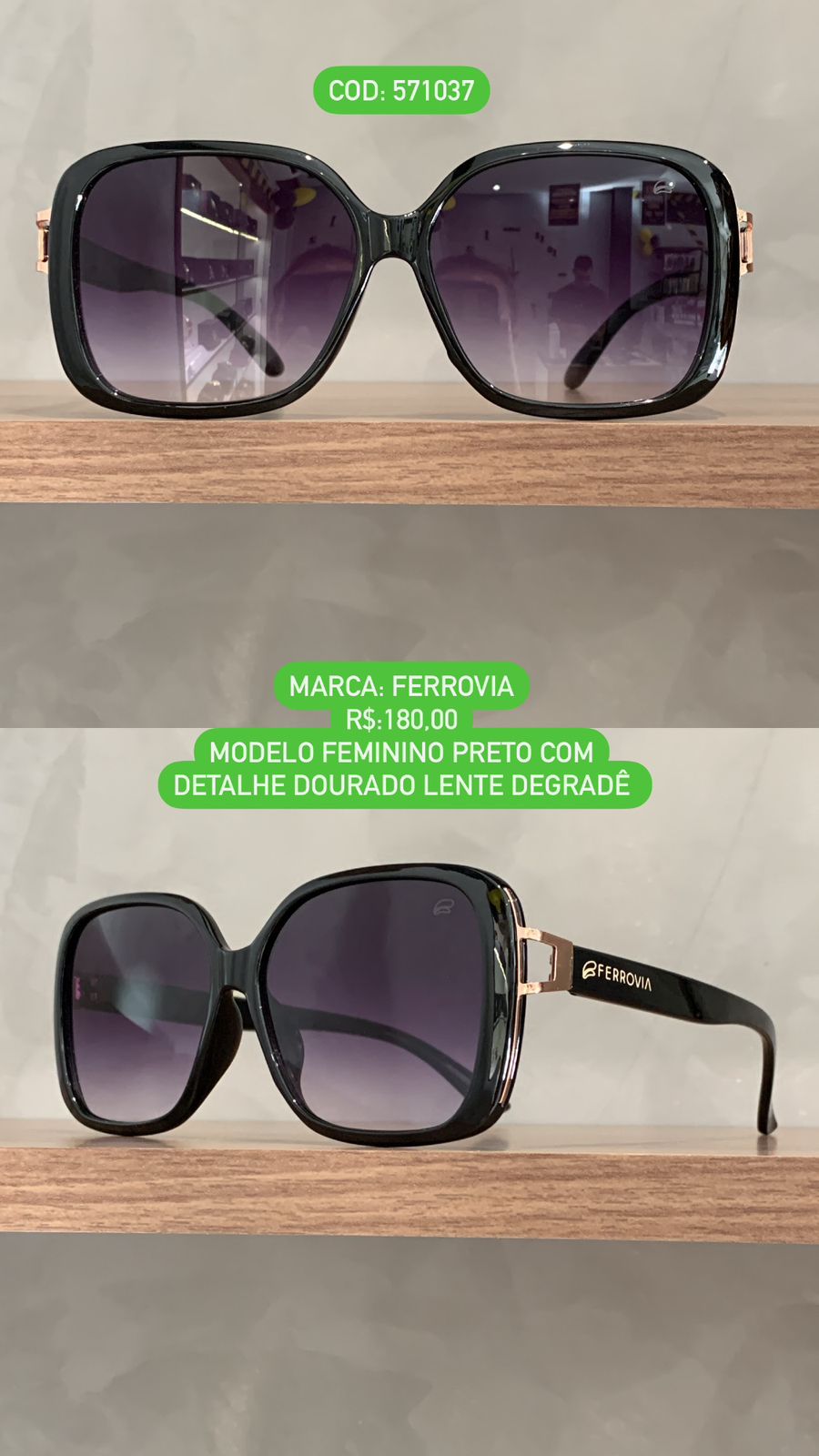 Óculos de Sol Ferrovia Feminino Preto Esmaltado Quadrado com Detalhes Rose Lente Degrade Acetato 571037