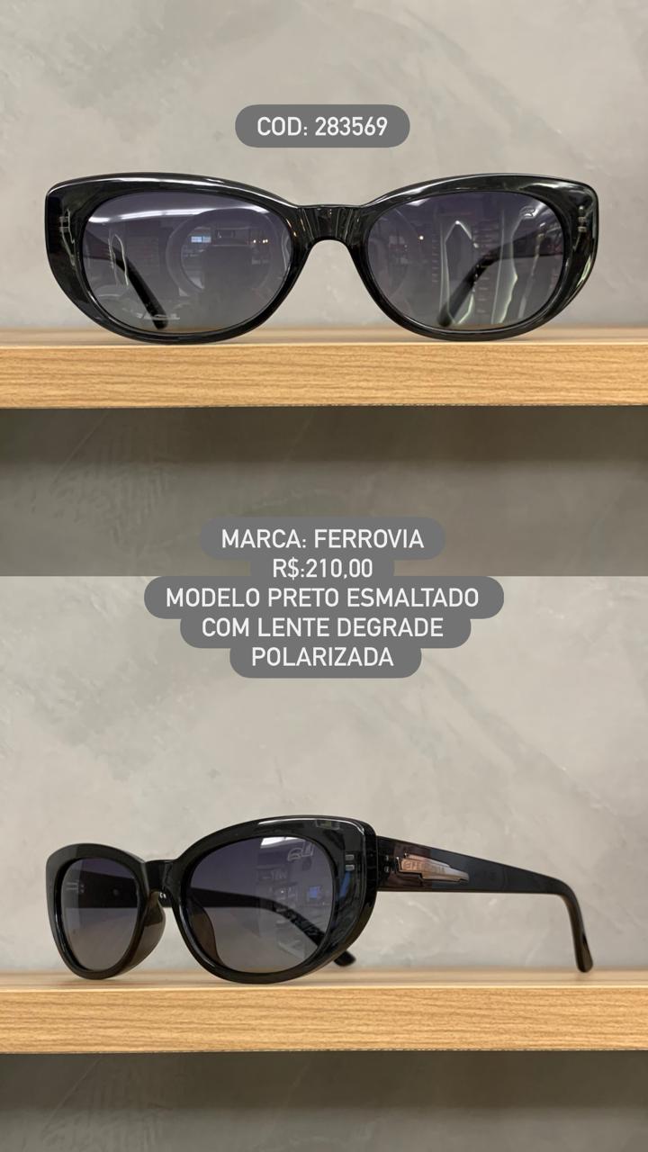 Óculos de Sol Ferrovia Feminino Preto Esmaltado Tendência Lente Preta Degrade Polarizada em Acetato 283569