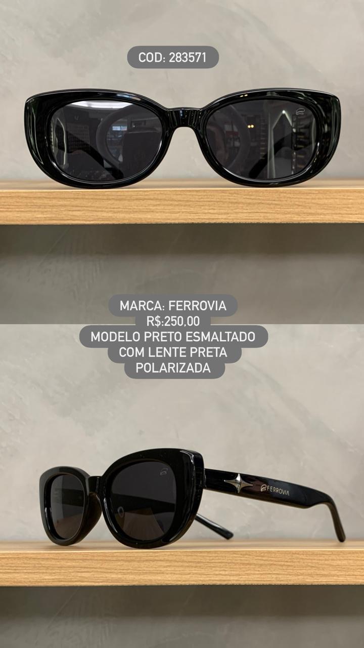 Óculos de Sol Ferrovia Feminino Preto Esmaltado Tendência Lente Preta Polarizada em Acetato 283571