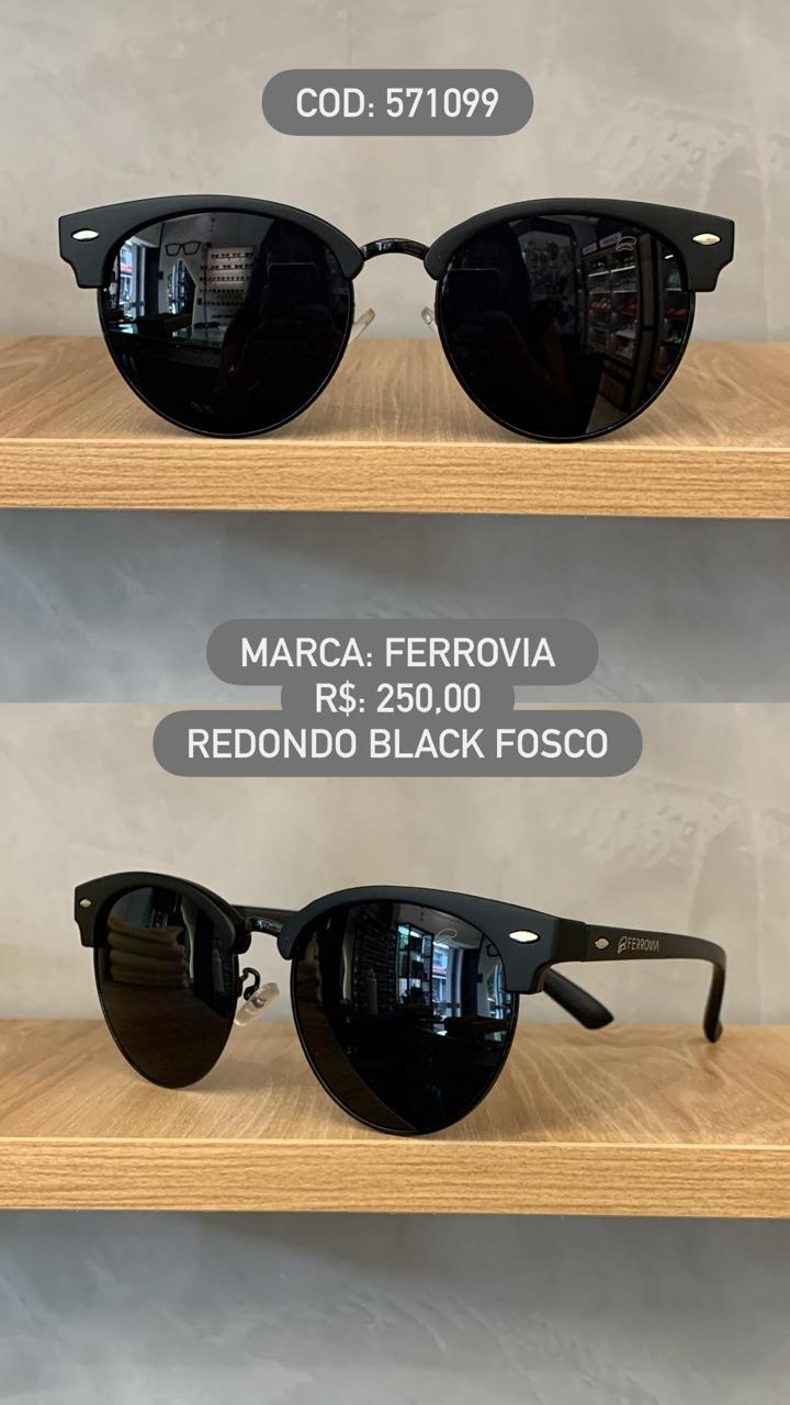 Óculos de Sol Ferrovia Preto Fosco Redondo Lente Preta Acetato e Metal 571099
