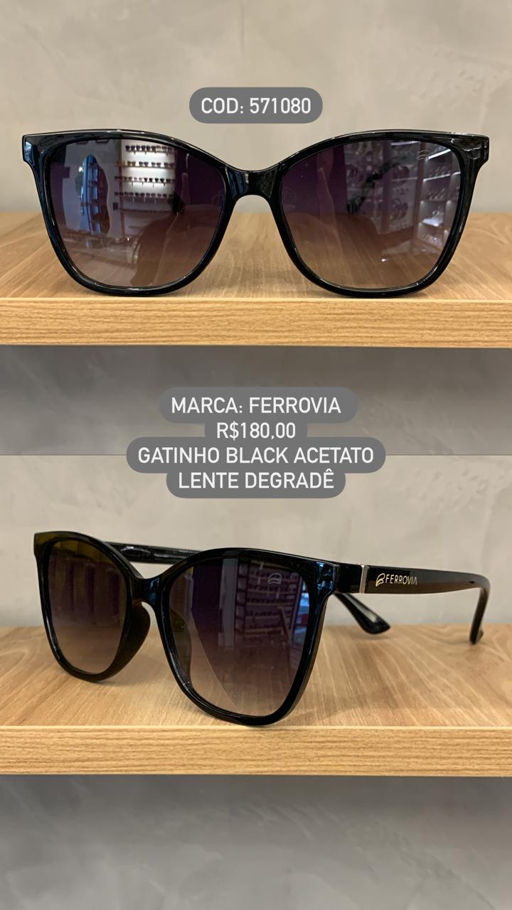 Óculos de Sol Ferrovia Feminino Preto Gatinho com Lente Degrade em Acetato 571080