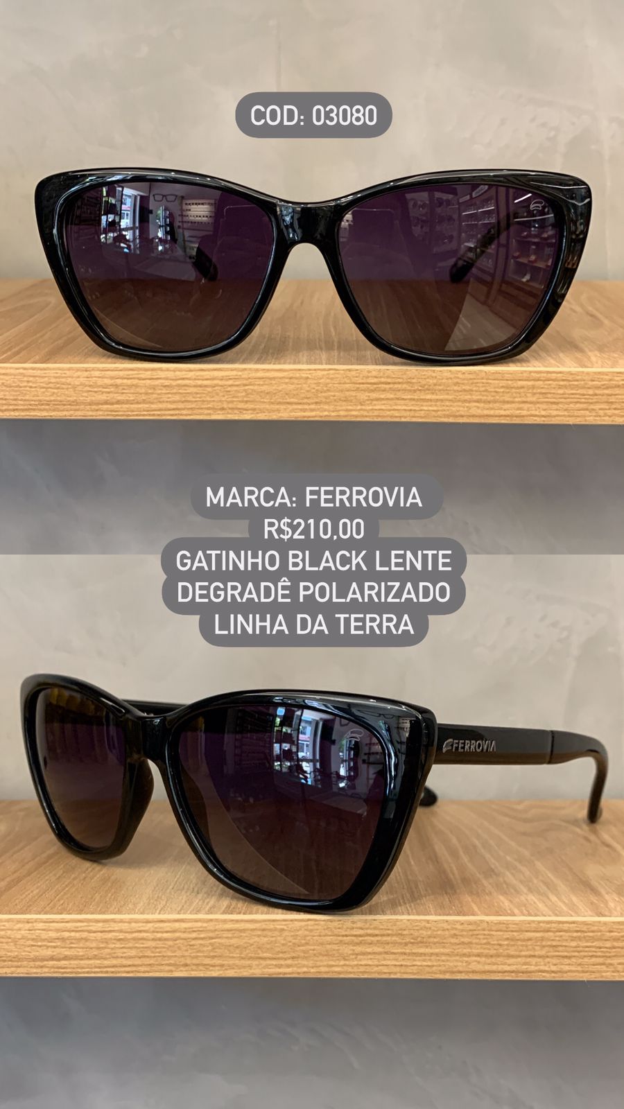 Óculos de Sol Ferrovia Feminino Preto Esmaltado Gatinho com Lente Degrade Linha da Terra Feito a Mâo Polarizado em Acetato 03080