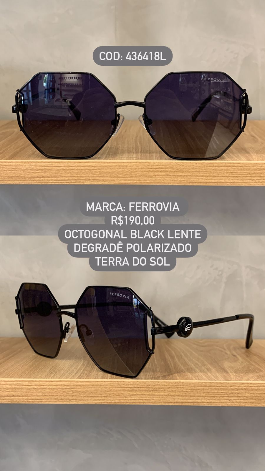 Óculos de Sol Ferrovia Feminino Preto Octogonal com Lente Degrade Terra do Sol Polarizado em Metal 436418L