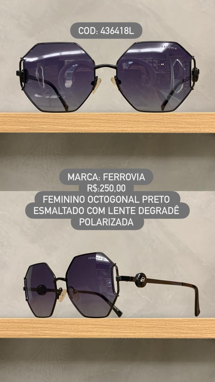 Óculos de Sol Ferrovia Feminino Preto Octogonal com Lente Degrade Terra do Sol Polarizado em Metal 436418L