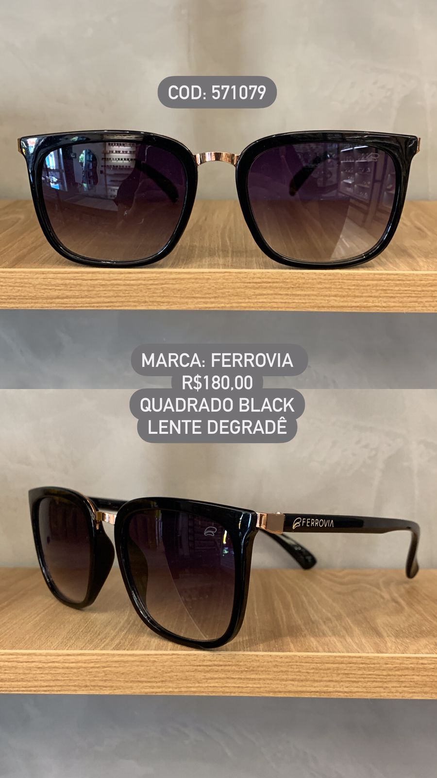 Óculos de Sol Ferrovia Feminino Preto com Rose Quadrado Lente Degrade em Acetato 571079