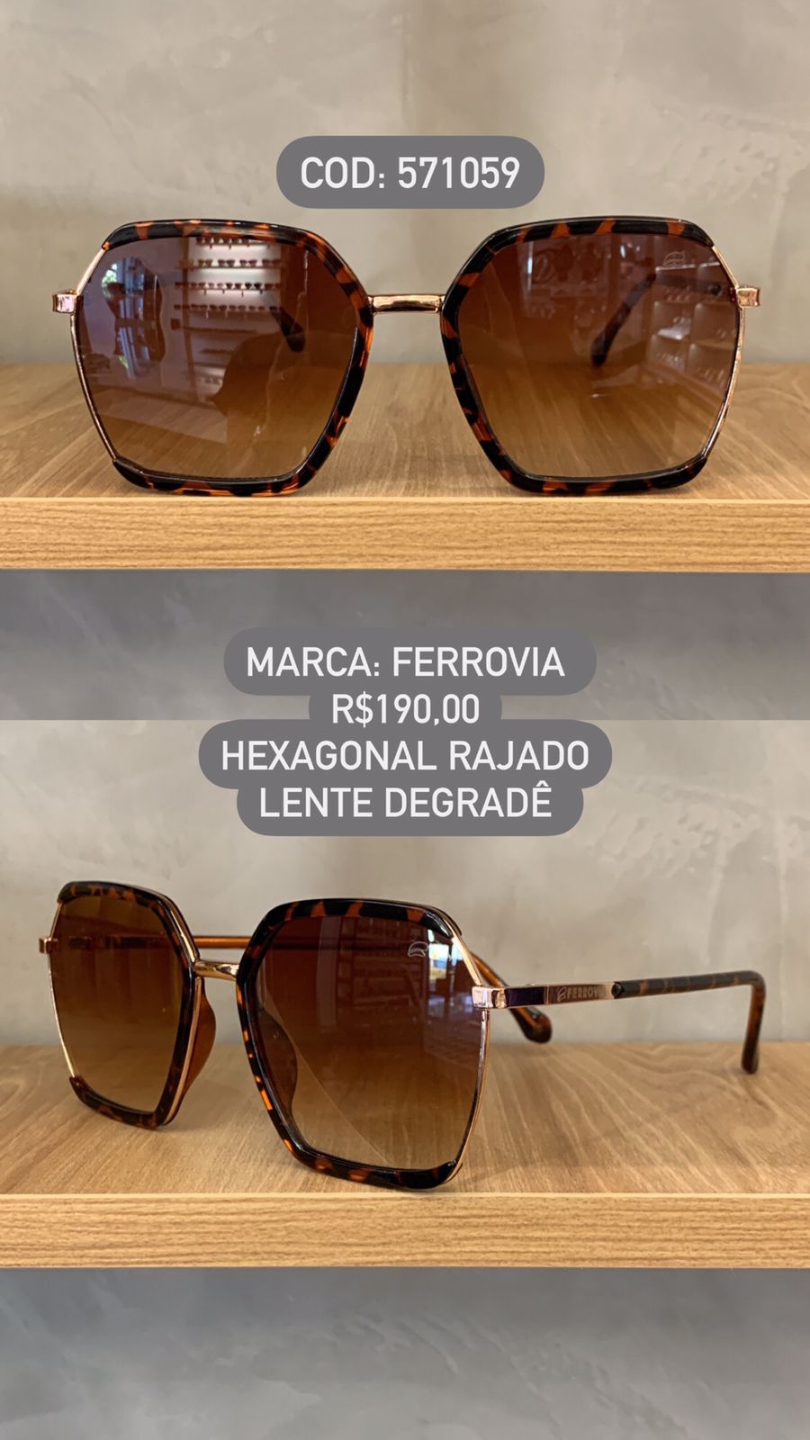 Óculos de Sol Ferrovia Feminino Rajado com Rose Hexagonal Lente Degrade em Metal 571059